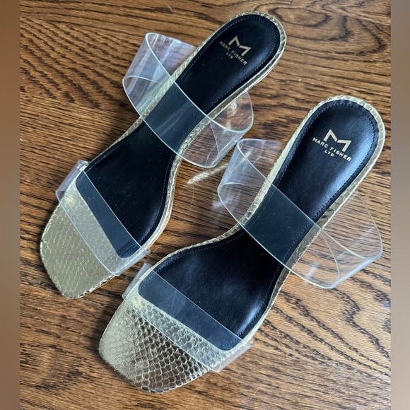 New Marc Fisher Gold Snakeskin Kitten Heels Clear Strap Open Toe Sandals 9.5M - Picture 3 of 5